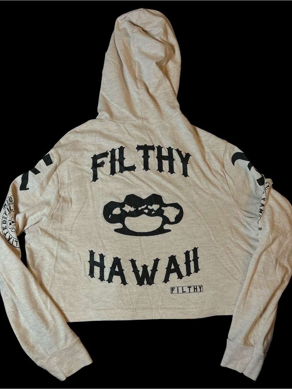 Filthy Hawaii Cropped Hoodie - Beige with Black Graphics Woman’s small